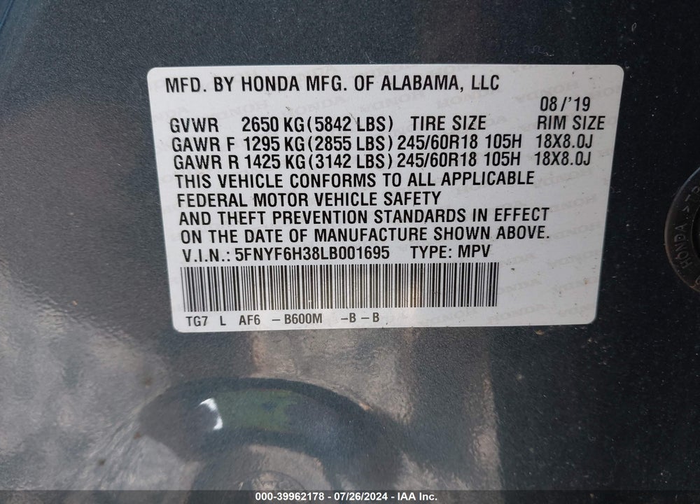 2020 HONDA PILOT AWD EX VIN: 5FNYF6H38LB001695
