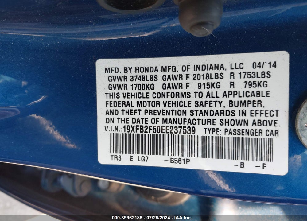2014 HONDA CIVIC LX VIN: 19XFB2F50EE237539