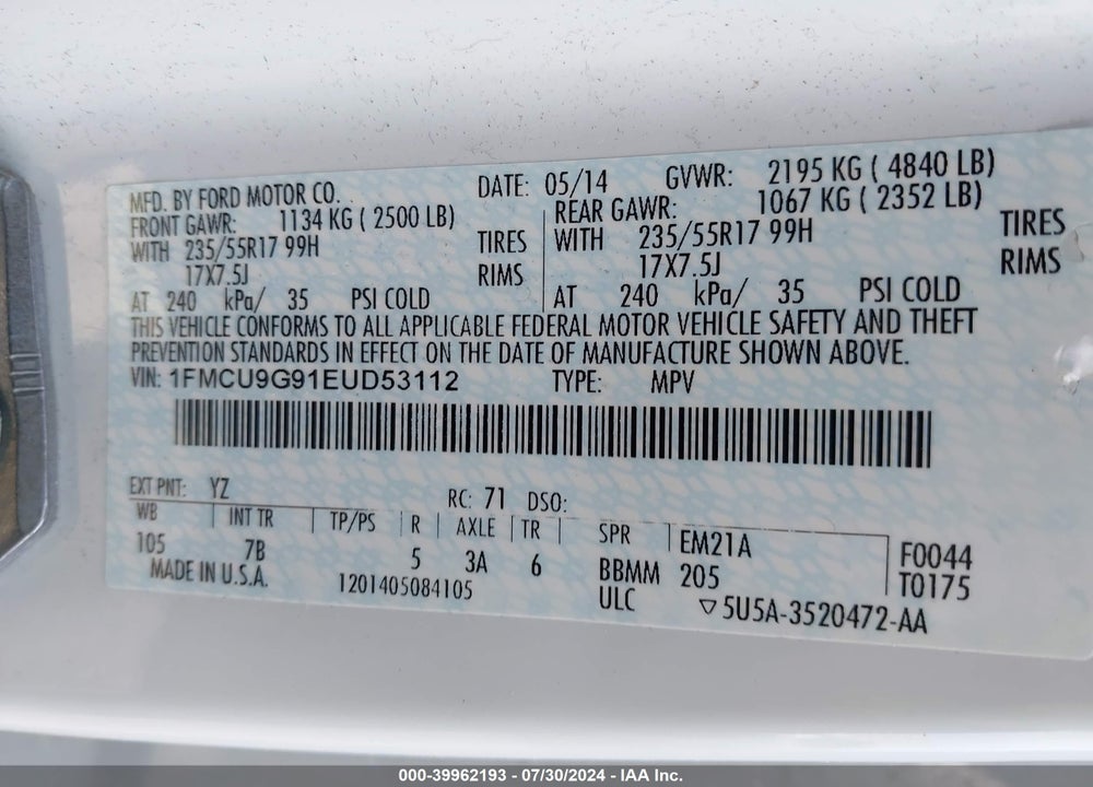 2014 FORD ESCAPE SE VIN: 1FMCU9G91EUD53112