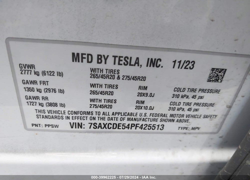 2023 TESLA MODEL X VIN: 7SAXCDE54PF425513