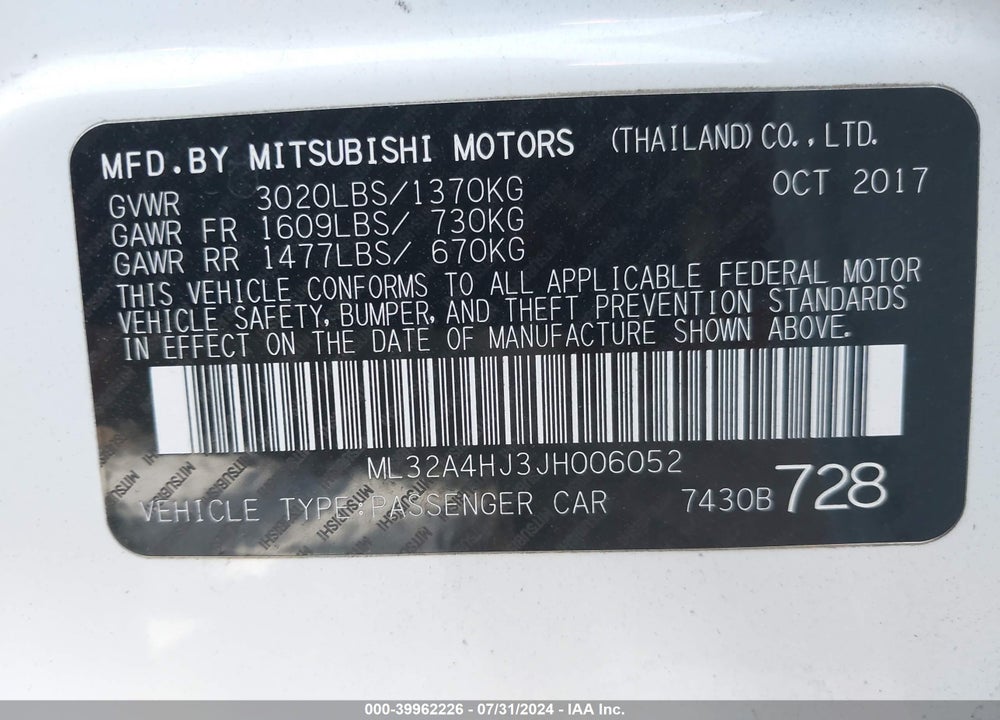 2018 MITSUBISHI MIRAGE SE VIN: ML32A4HJ3JH006052