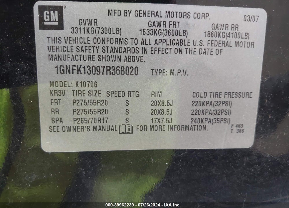 2007 CHEVROLET TAHOE LTZ VIN: 1GNFK13097R368020