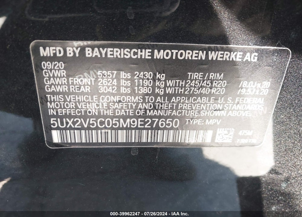 2021 BMW X4 M40I VIN: 5UX2V5C05M9E27650