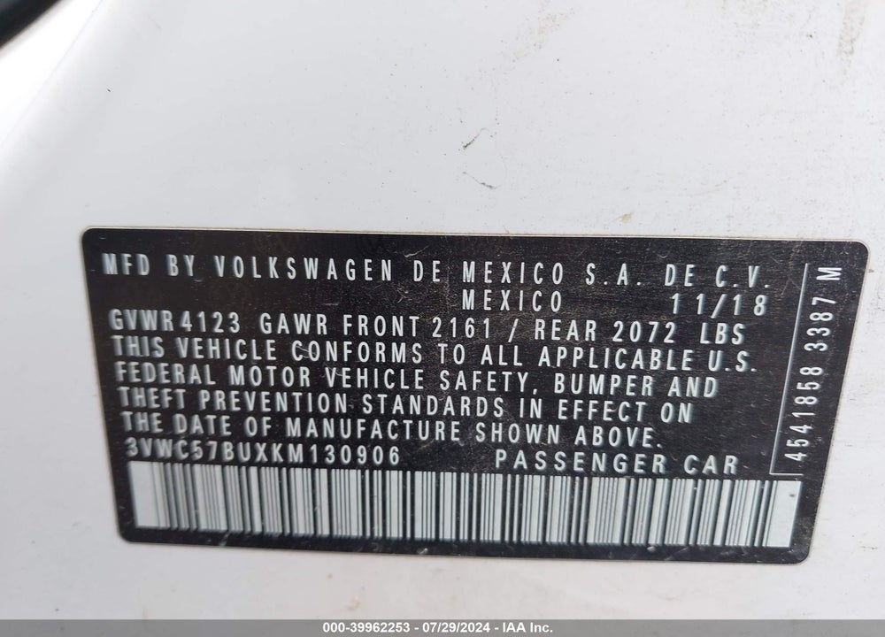 2019 VOLKSWAGEN JETTA 1.4T R-LINE/1.4T S/1.4T SE VIN: 3VWC57BUXKM130906