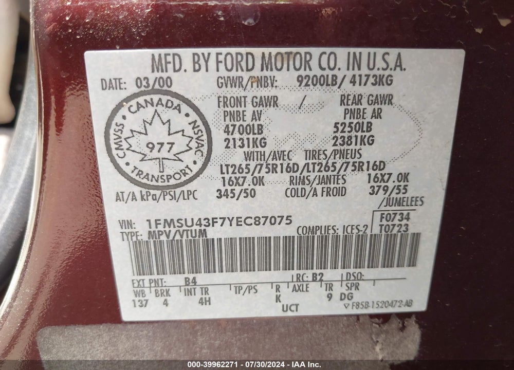 2000 FORD EXCURSION LIMITED VIN: 1FMSU43F7YEC87075