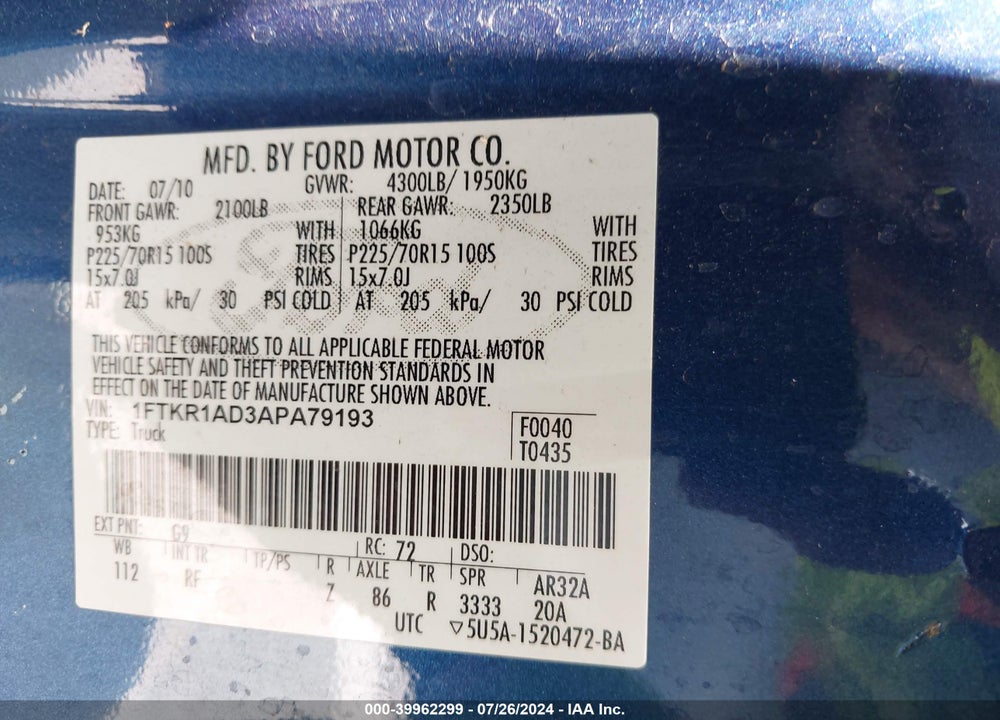 2010 FORD RANGER XL/XLT VIN: 1FTKR1AD3APA79193