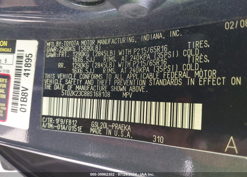2008 TOYOTA SIENNA CE VIN: 5TDZK23C88S168108