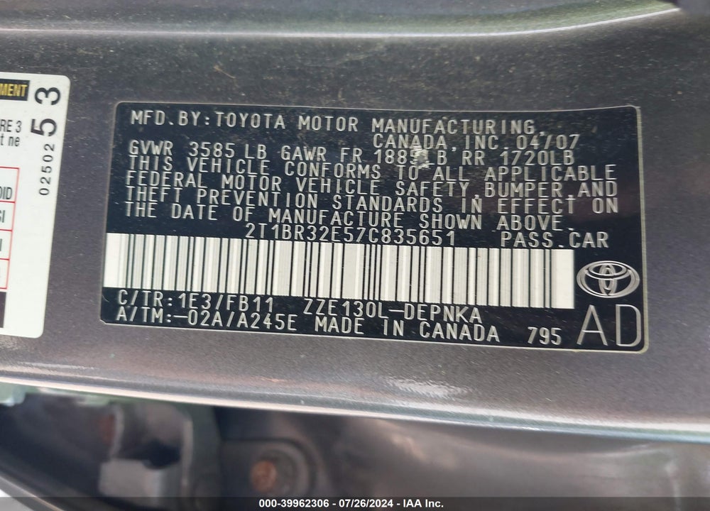 2007 TOYOTA COROLLA LE VIN: 2T1BR32E57C835651