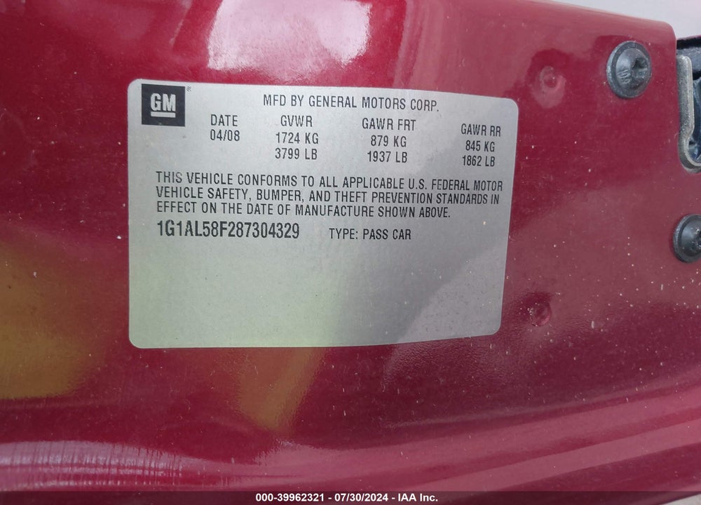 2008 CHEVROLET COBALT LT VIN: 1G1AL58F287304329