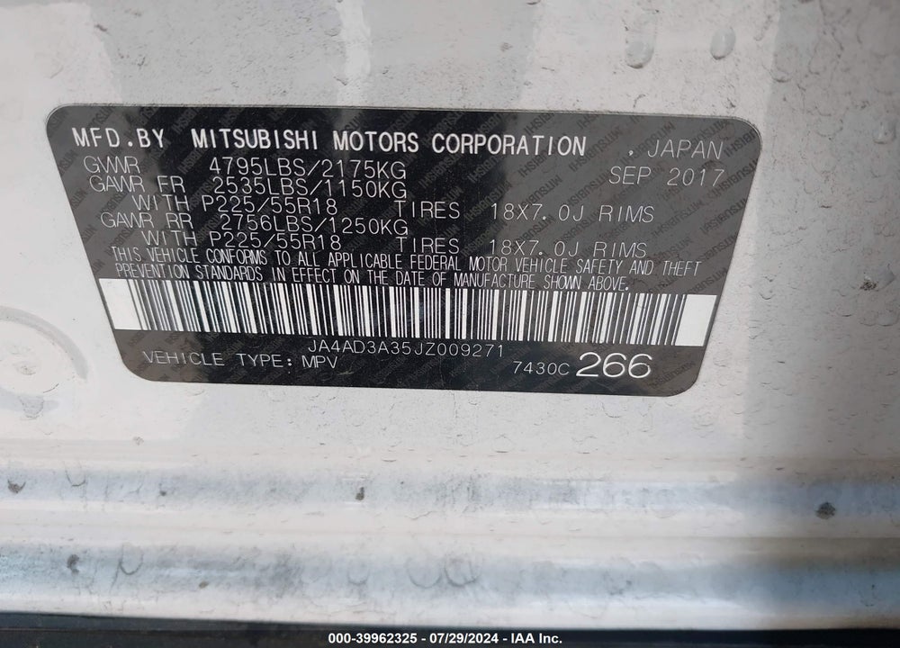 2018 MITSUBISHI OUTLANDER SEL VIN: JA4AD3A35JZ009271
