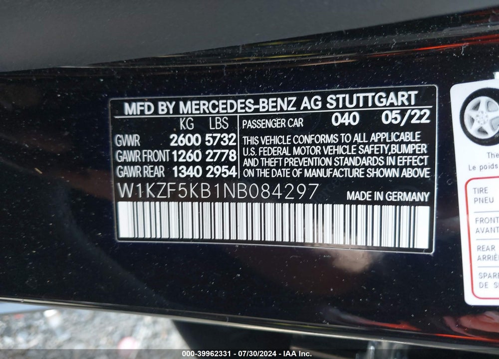 2022 MERCEDES-BENZ E 450 4MATIC VIN: W1KZF5KB1NB084297