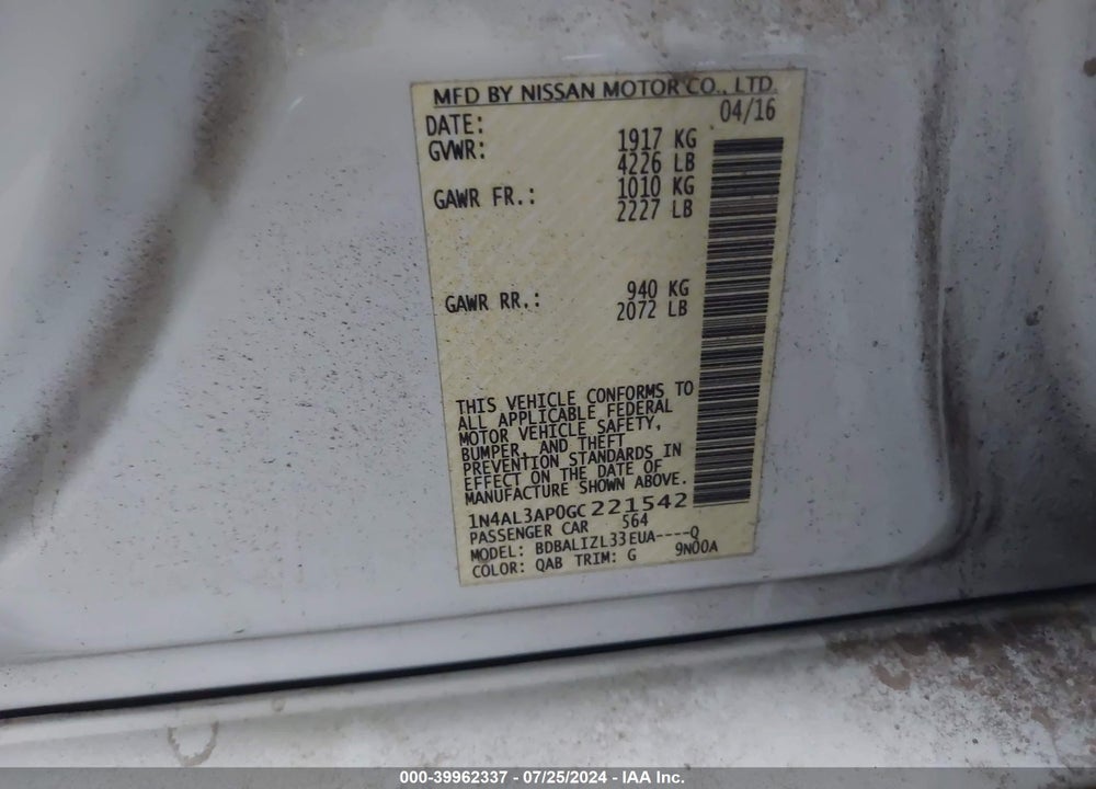 2016 NISSAN ALTIMA 2.5 SV VIN: 1N4AL3AP0GC221542