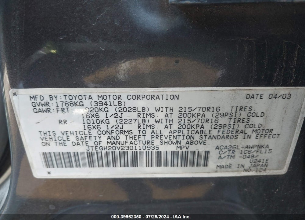 2003 TOYOTA RAV4 VIN: JTEGH20V230110935