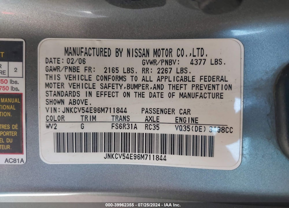 2006 INFINITI G35 VIN: JNKCV54E96M711844