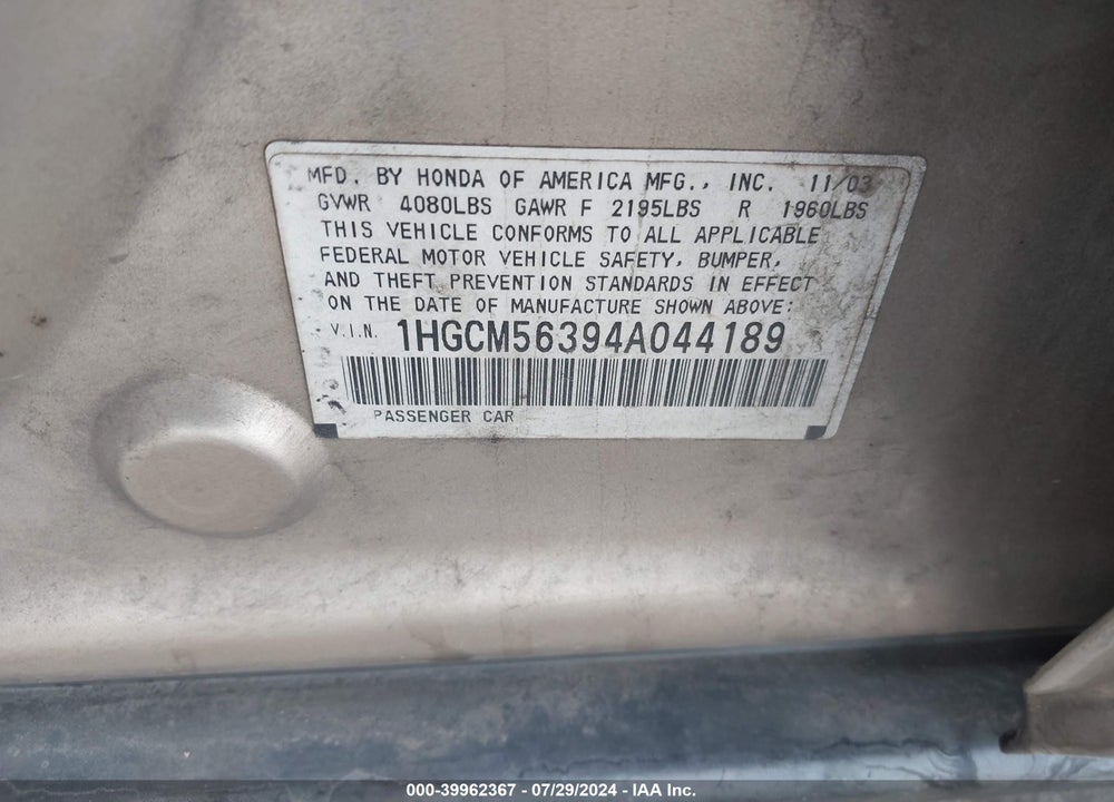 2004 HONDA ACCORD 2.4 LX VIN: 1HGCM56394A044189