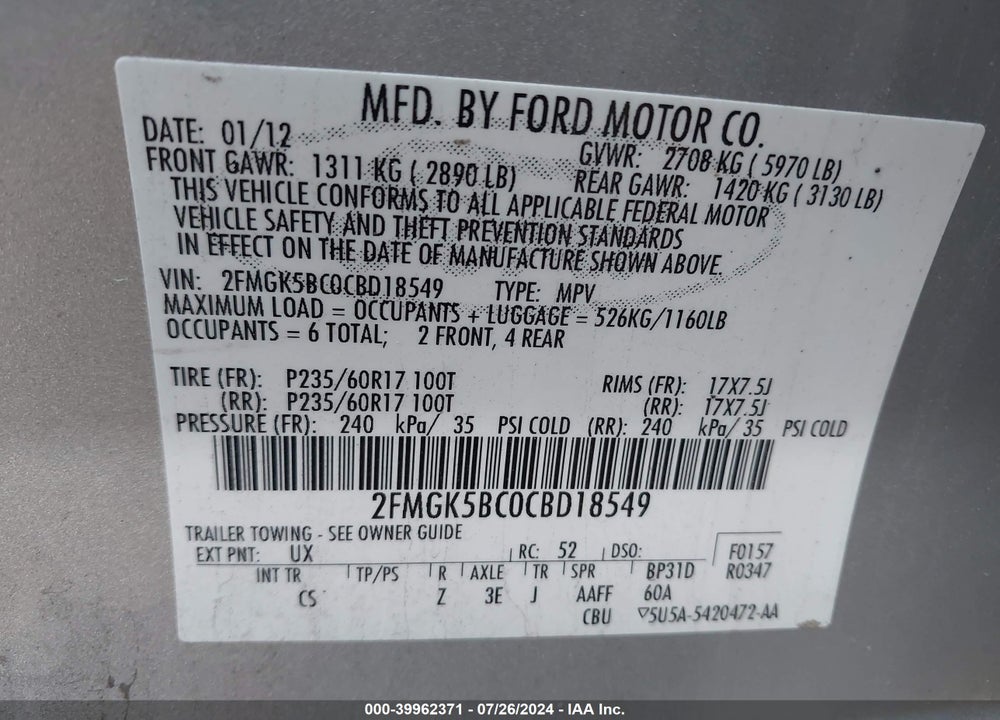 2012 FORD FLEX SE VIN: 2FMGK5BC0CBD18549