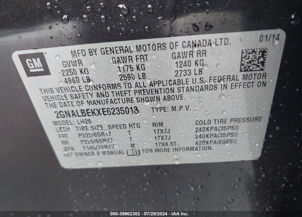 2014 CHEVROLET EQUINOX VIN: 2GNALBEKXE6235013