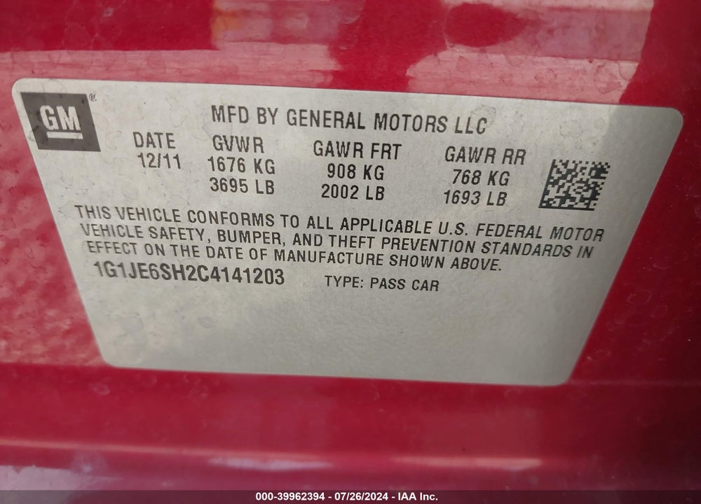 2012 CHEVROLET SONIC 2LZ VIN: 1G1JE6SH2C4141203