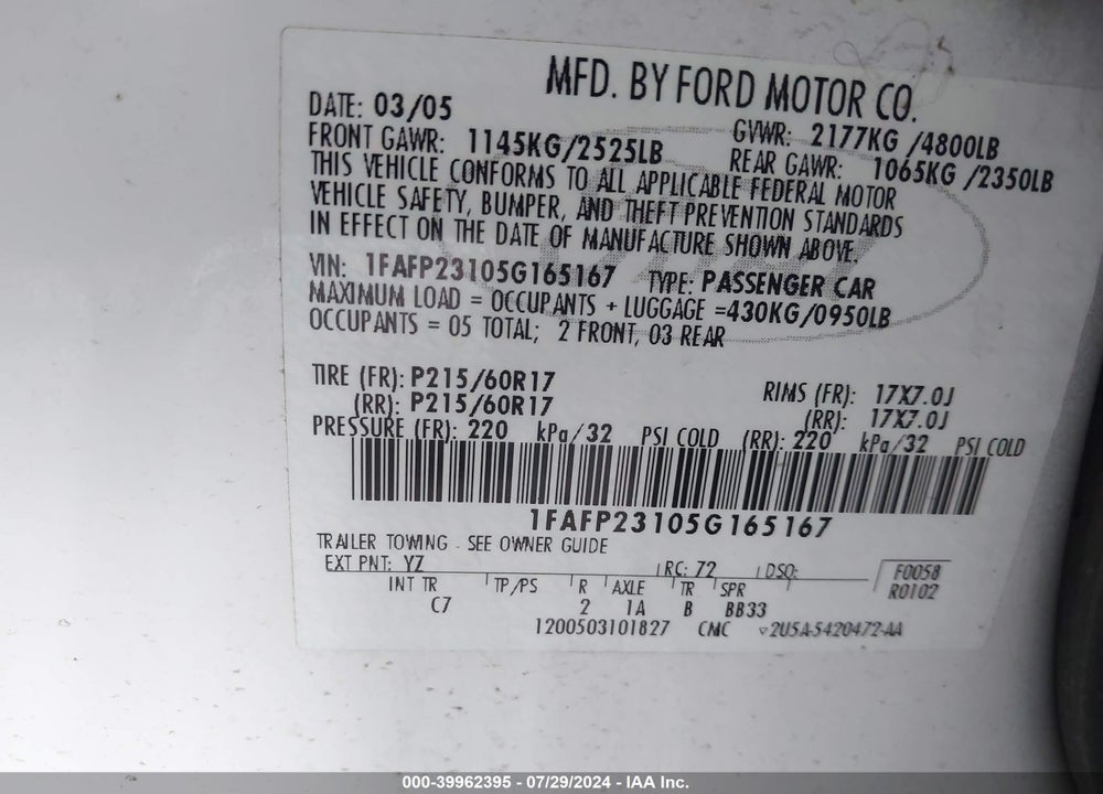 2005 FORD FIVE HUNDRED SE VIN: 1FAFP23105G165167