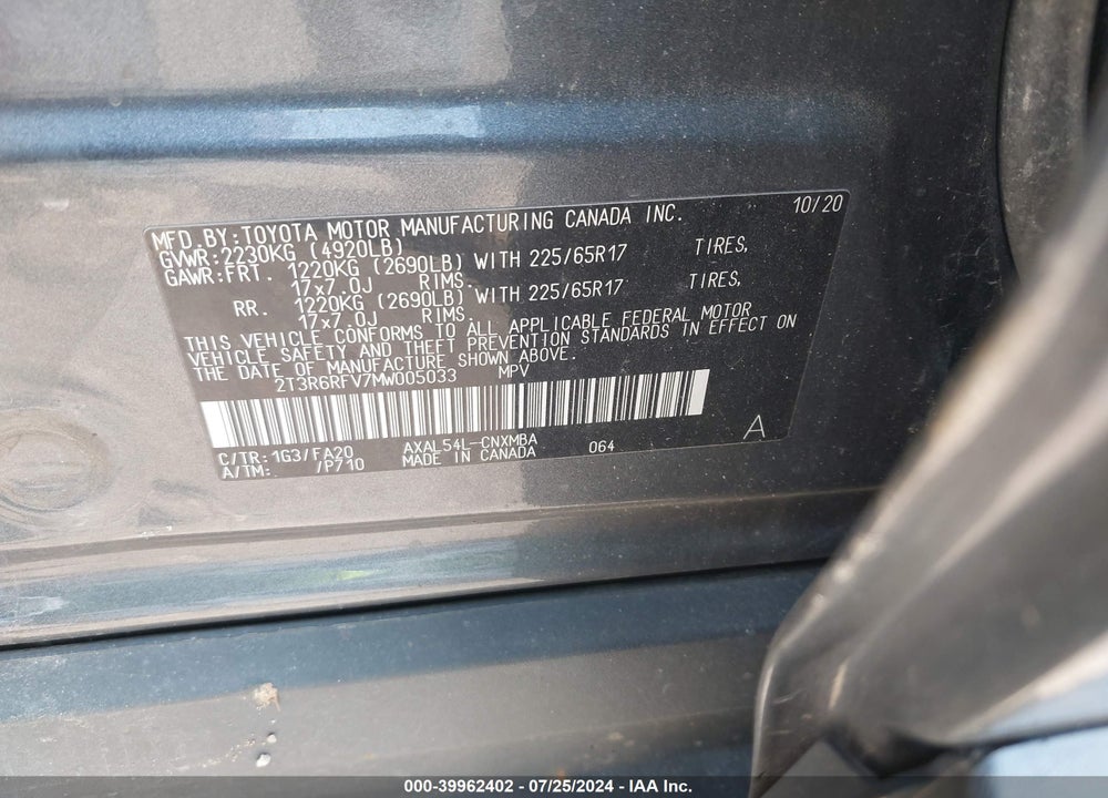 2021 TOYOTA RAV4 HYBRID XLE VIN: 2T3R6RFV7MW005033