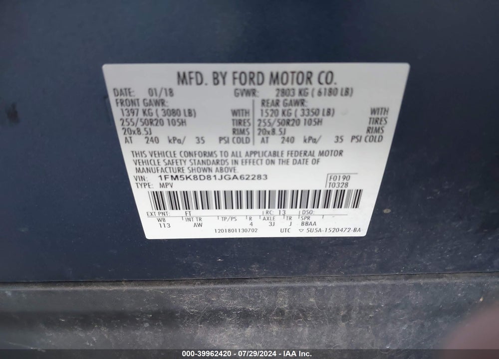 2018 FORD EXPLORER VIN: 1FM5K8D81JGA62283