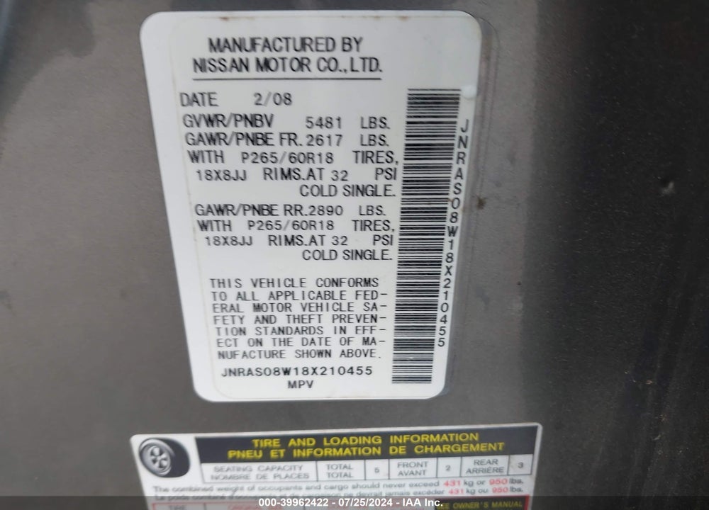 2008 INFINITI FX35 VIN: JNRAS08W18X210455