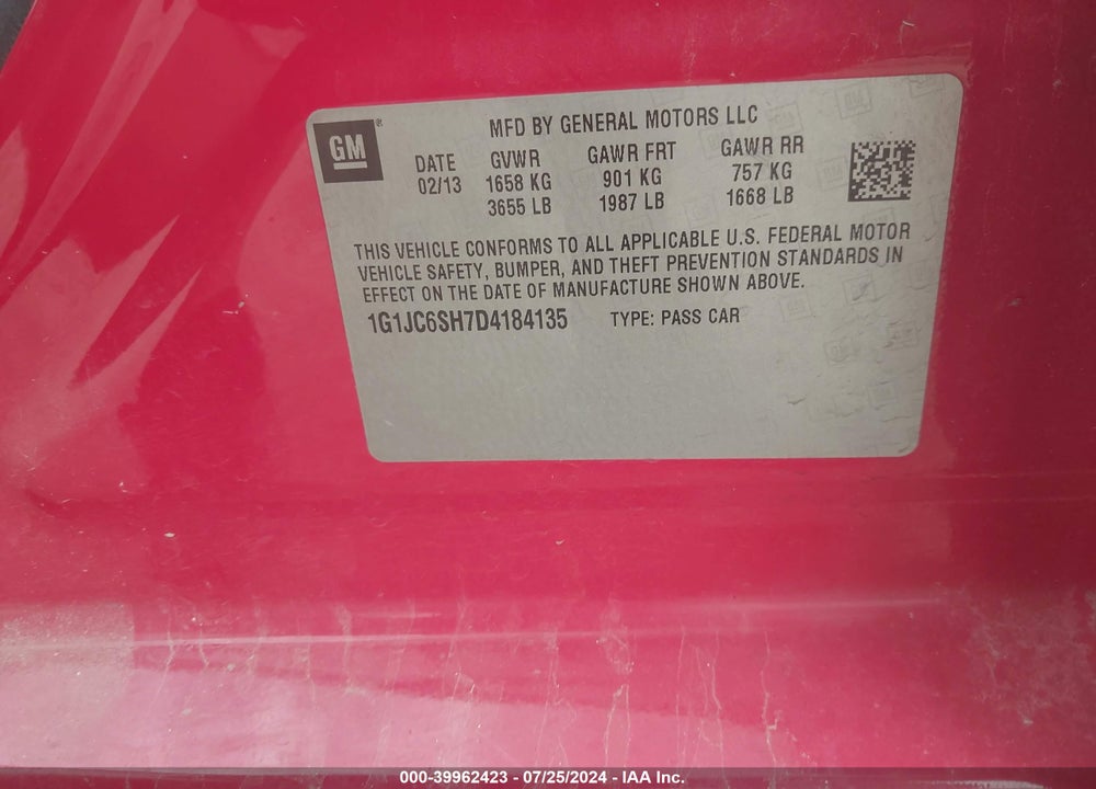 2013 CHEVROLET SONIC LT AUTO VIN: 1G1JC6SH7D4184135