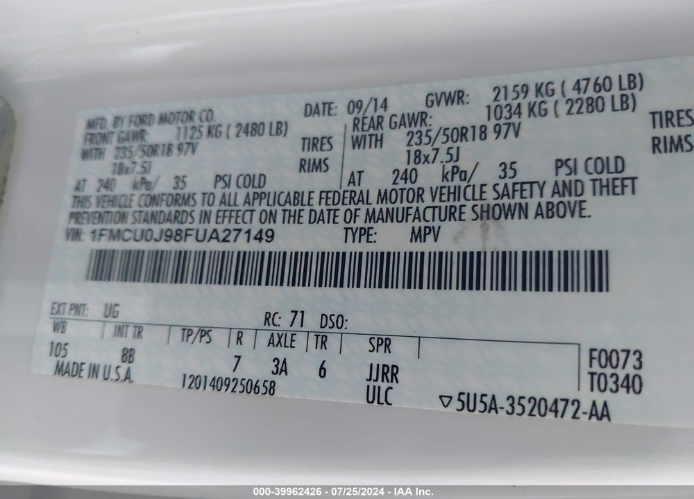 2015 FORD ESCAPE TITANIUM VIN: 1FMCU0J98FUA27149