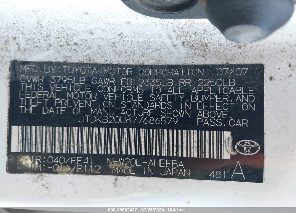 2007 TOYOTA PRIUS VIN: JTDKB20U877686579