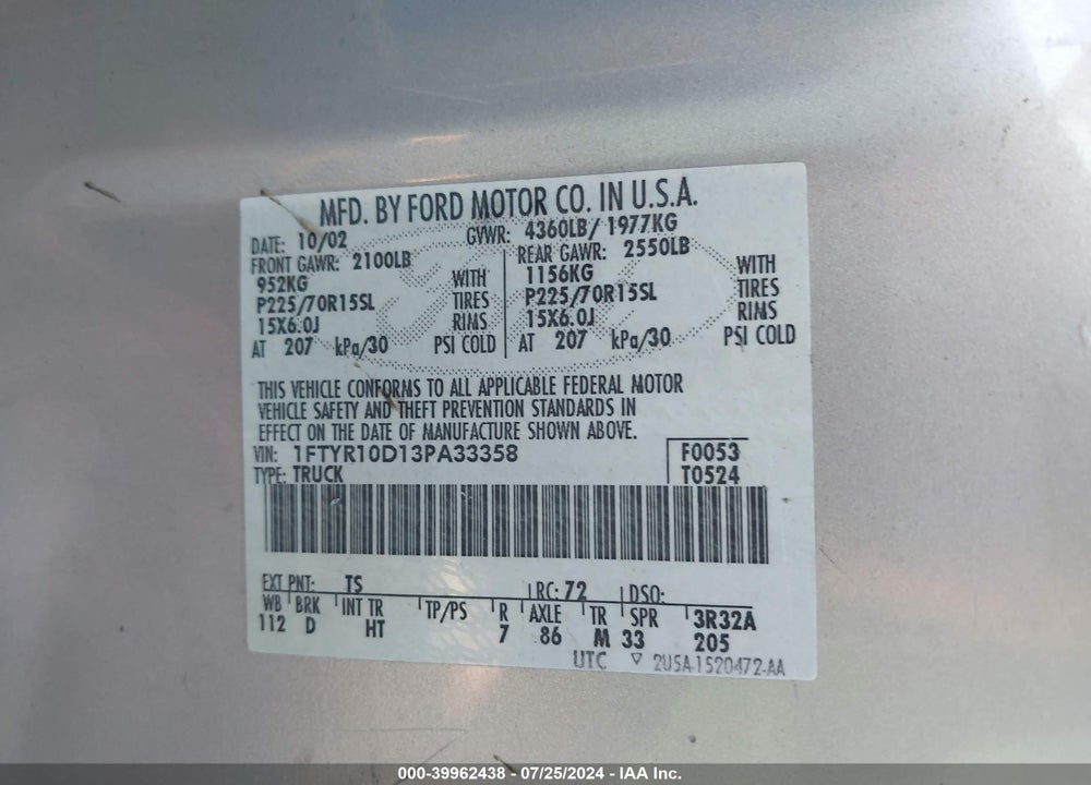 2003 FORD RANGER XL/XLT VIN: 1FTYR10D13PA33358