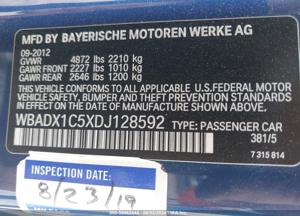 2013 BMW 335IS VIN: WBADX1C5XDJ128592