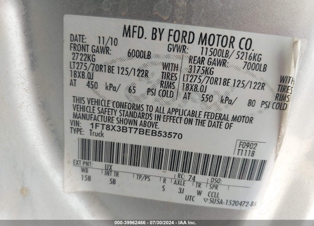 2011 FORD F-350 LARIAT VIN: 1FT8X3BT7BEB53570