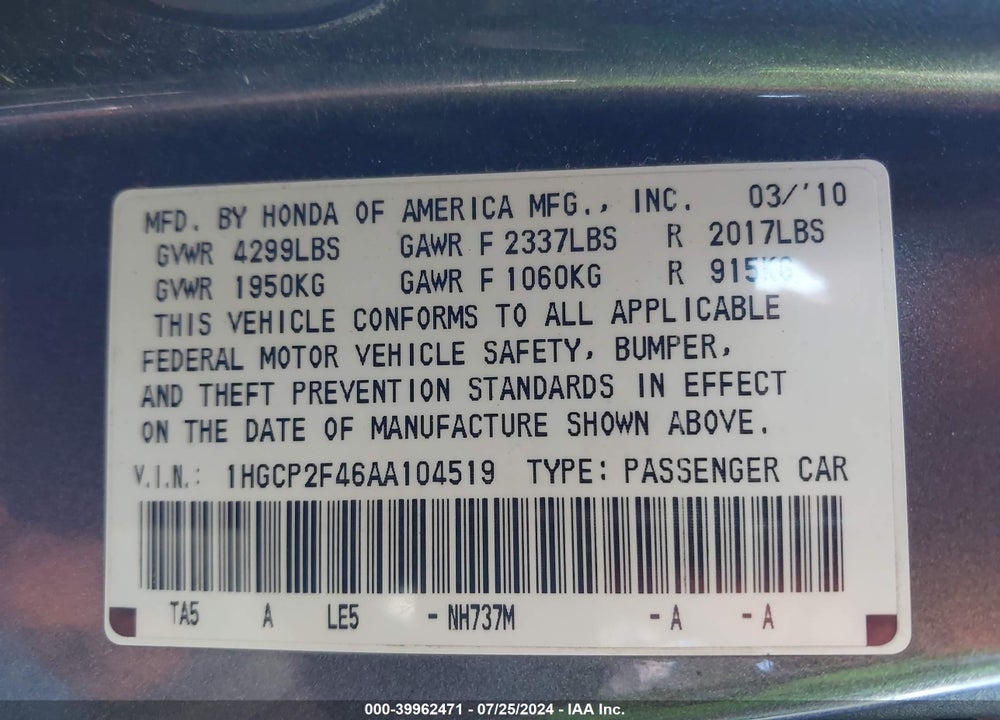 2010 HONDA ACCORD 2.4 LX-P VIN: 1HGCP2F46AA104519
