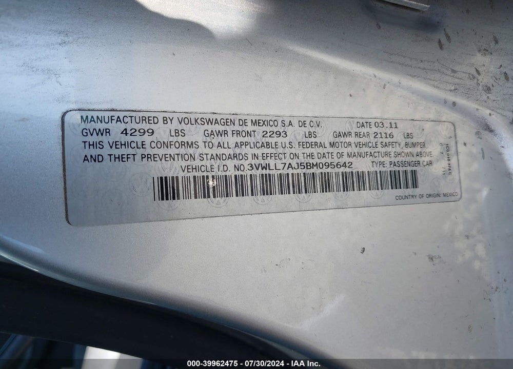 2011 VOLKSWAGEN JETTA 2.0L TDI VIN: 3VWLL7AJ5BM095642