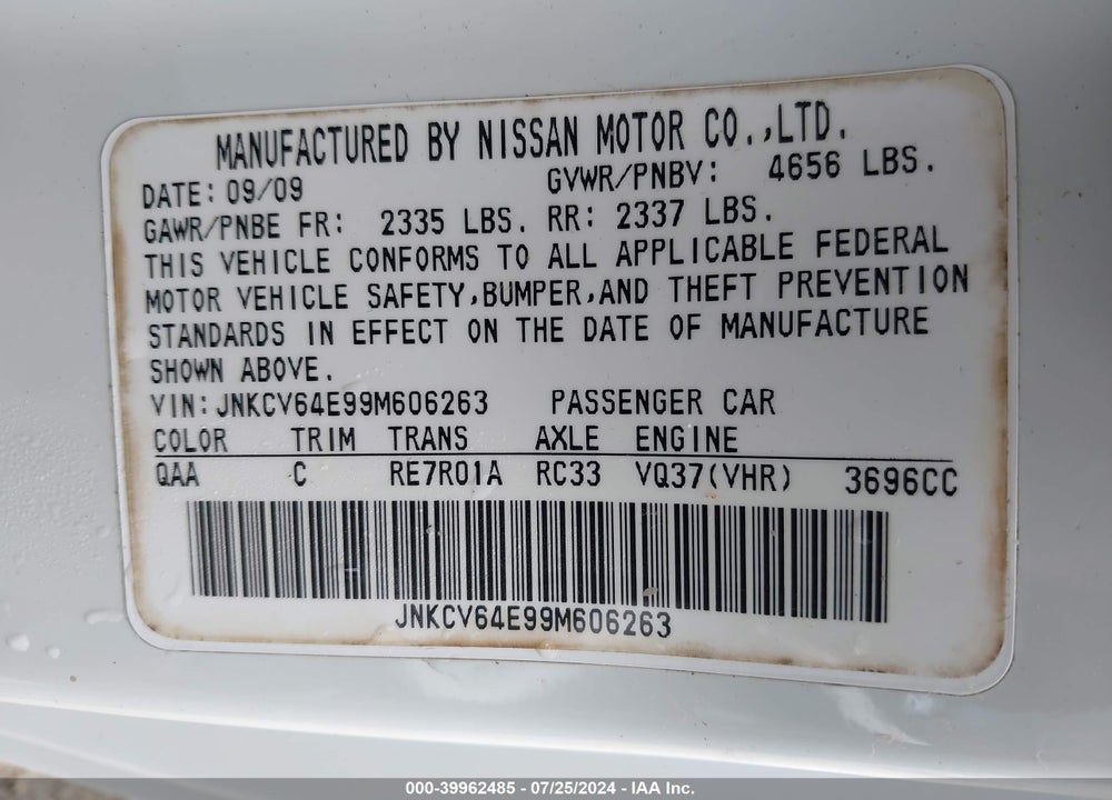 2009 INFINITI G37 JOURNEY VIN: JNKCV64E99M606263