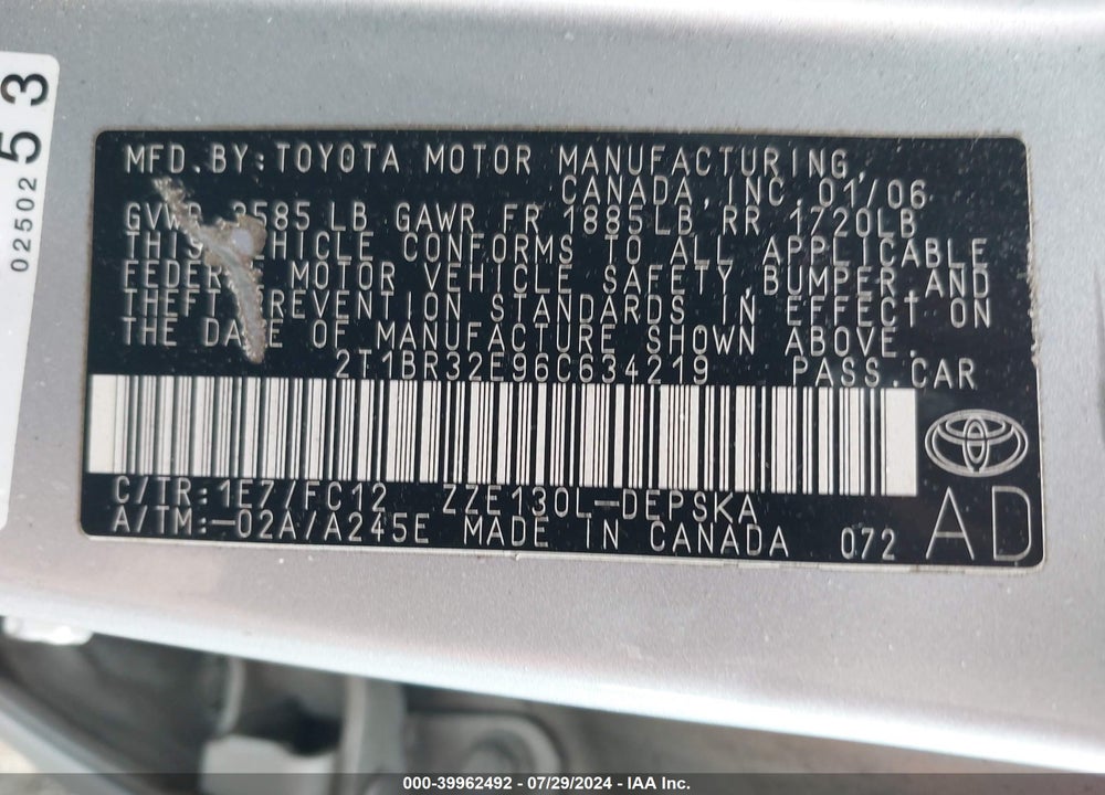 2006 TOYOTA COROLLA S VIN: 2T1BR32E96C634219