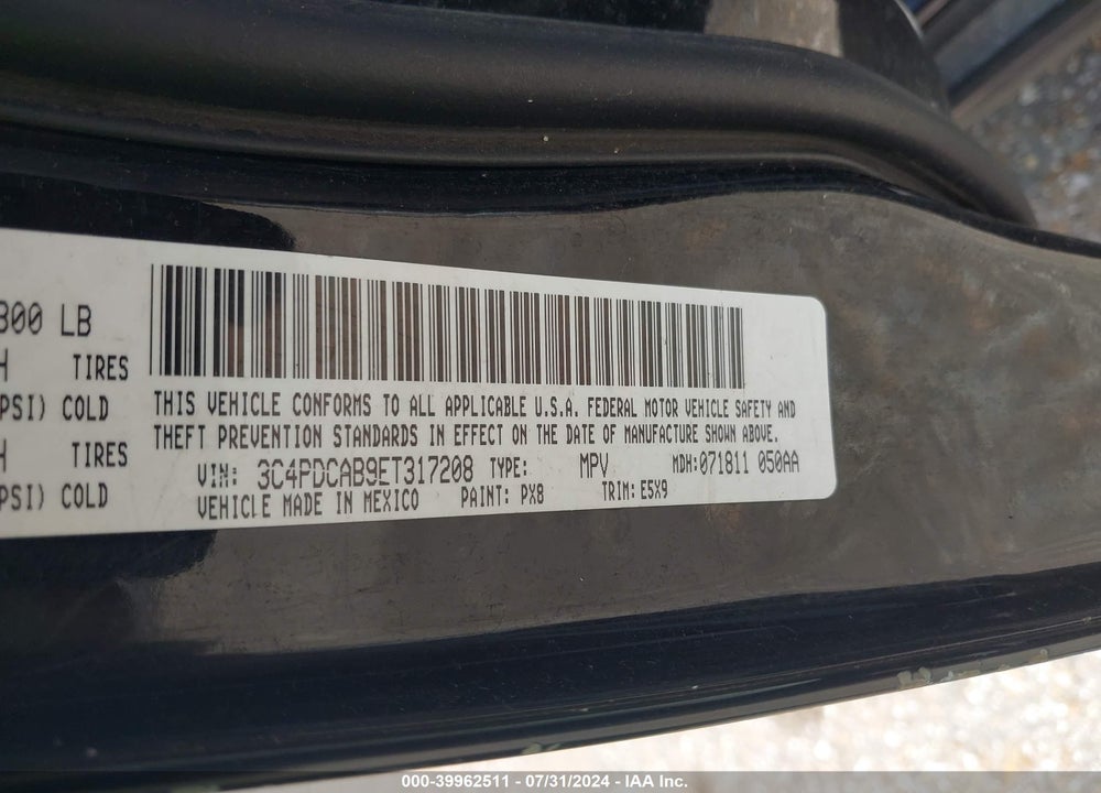 2014 DODGE JOURNEY SE VIN: 3C4PDCAB9ET317208