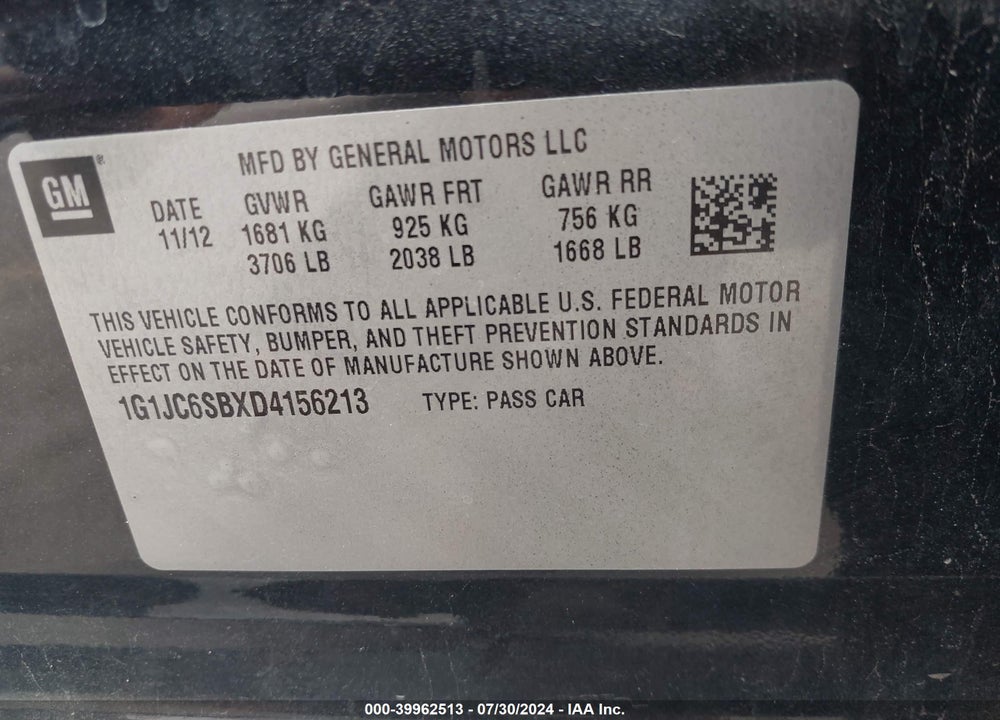 2013 CHEVROLET SONIC LT AUTO VIN: 1G1JC6SBXD4156213