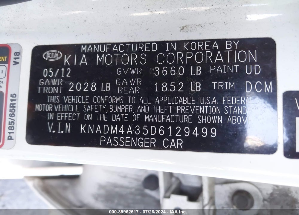 2013 KIA RIO LX VIN: KNADM4A35D6129499