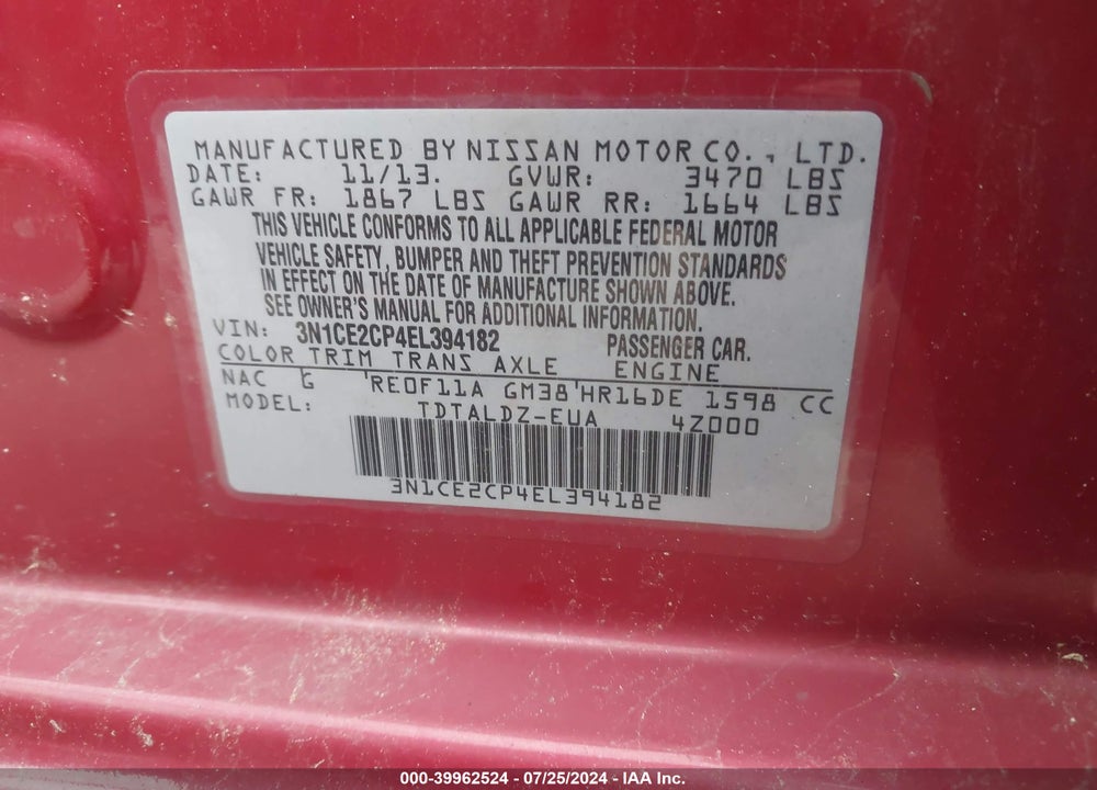 2014 NISSAN VERSA NOTE SV VIN: 3N1CE2CP4EL394182
