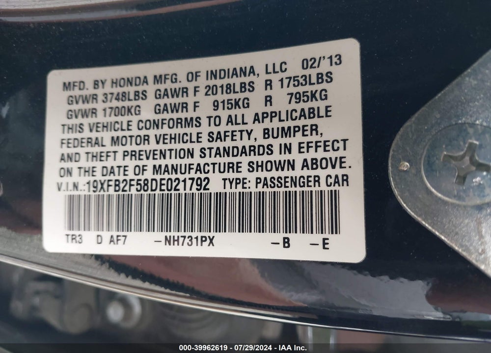 2013 HONDA CIVIC LX VIN: 19XFB2F58DE021792