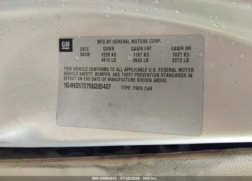 2008 BUICK LUCERNE CXL VIN: 1G4HD57278U205407