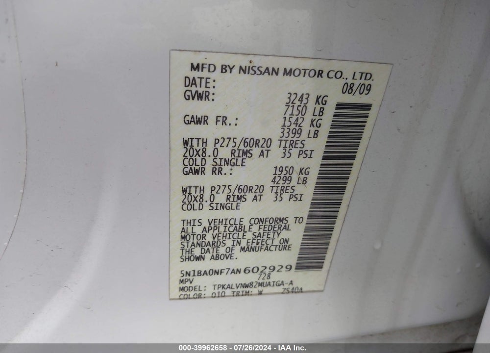 2010 NISSAN ARMADA PLATINUM VIN: 5N1BA0NF7AN602929