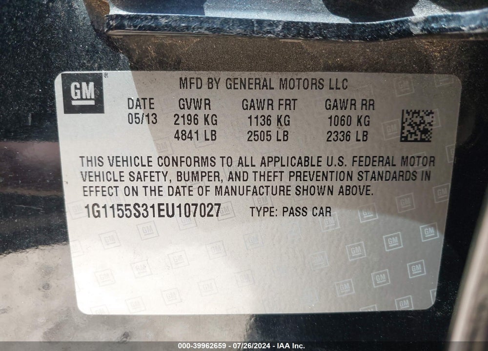 2014 CHEVROLET IMPALA 2LZ VIN: 1G1155S31EU107027
