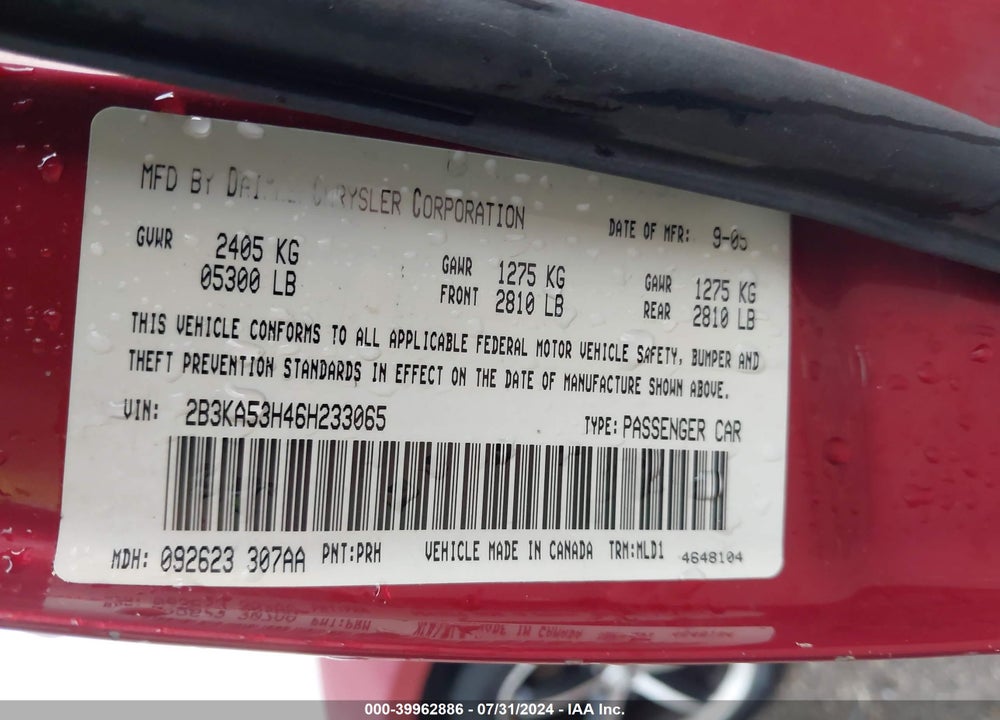 2006 DODGE CHARGER RT VIN: 2B3KA53H46H233065
