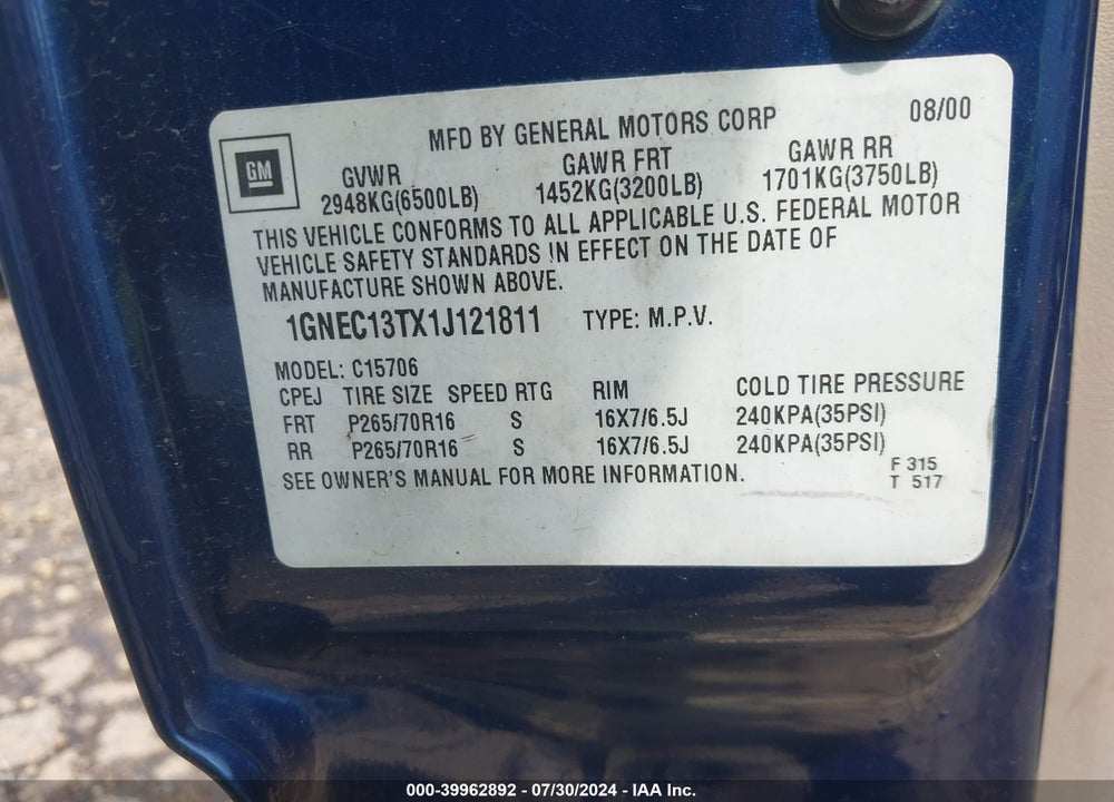 2001 CHEVROLET TAHOE LT VIN: 1GNEC13TX1J121811