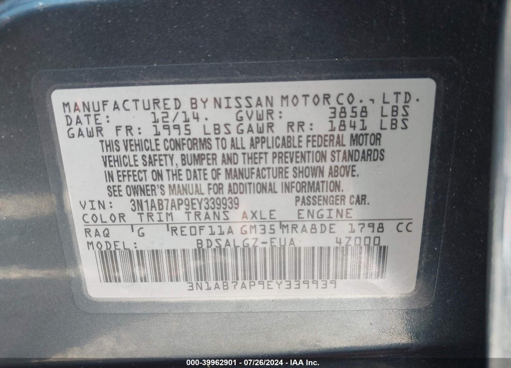 2014 NISSAN SENTRA VIN: 3N1AB7AP9EY339939