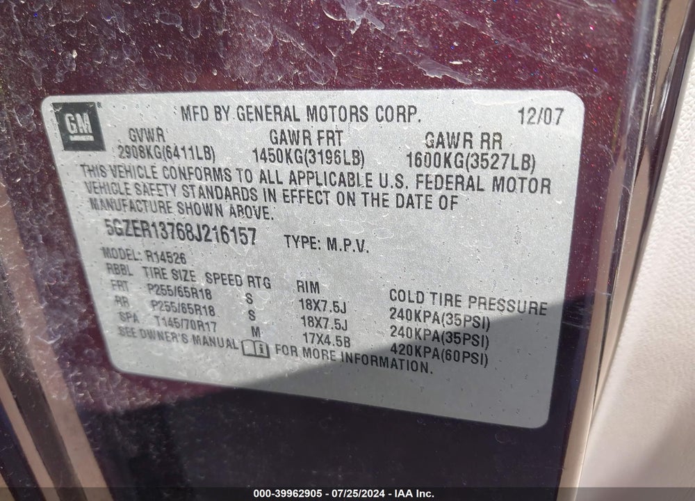 2008 SATURN OUTLOOK VIN: 5GZER13768J216157