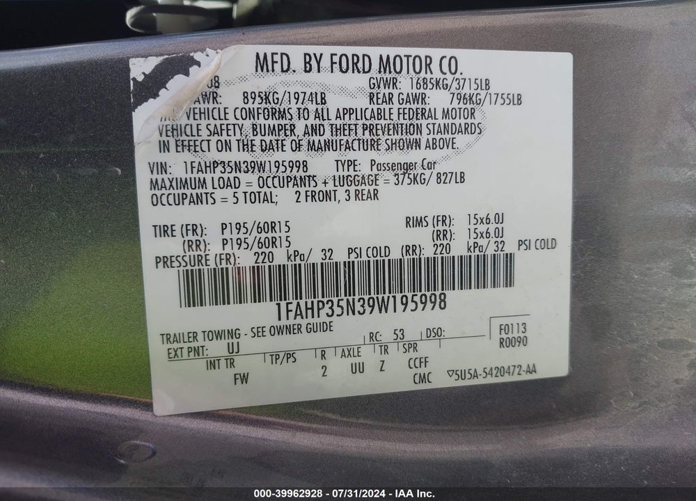 2009 FORD FOCUS SE VIN: 1FAHP35N39W195998