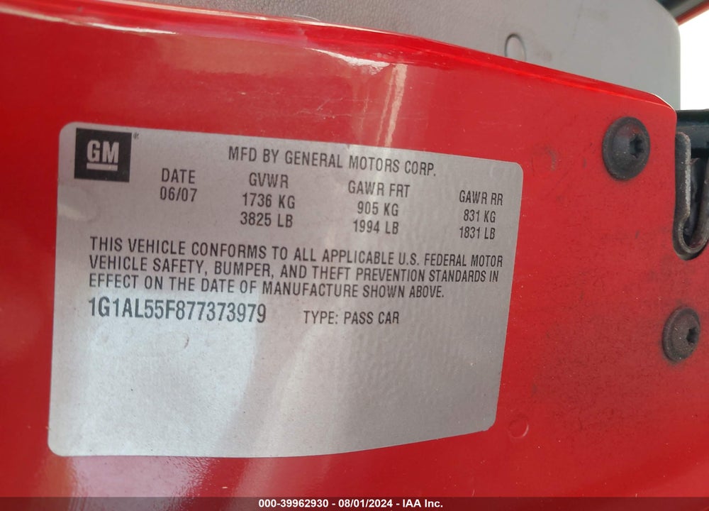 2007 CHEVROLET COBALT LT VIN: 1G1AL55F877373979